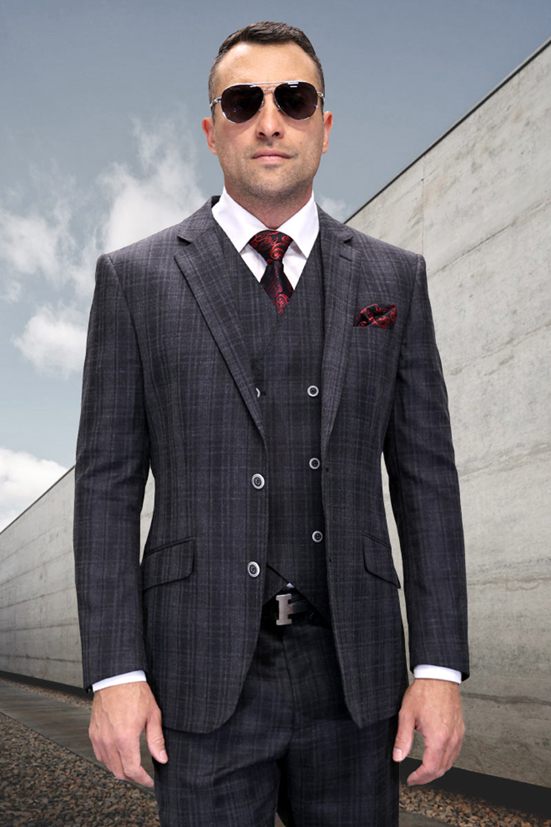 Men’s Designer Wool Vested Modern Fit Plaid Windowpane Suit in Charcoal Grey