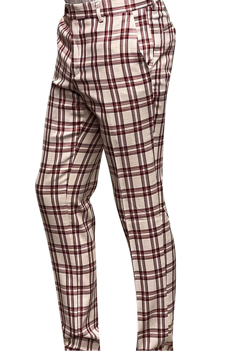 Men’s 100% Wool Slim Fit Flat Front Dress Pant in Red Windowpane Plaid