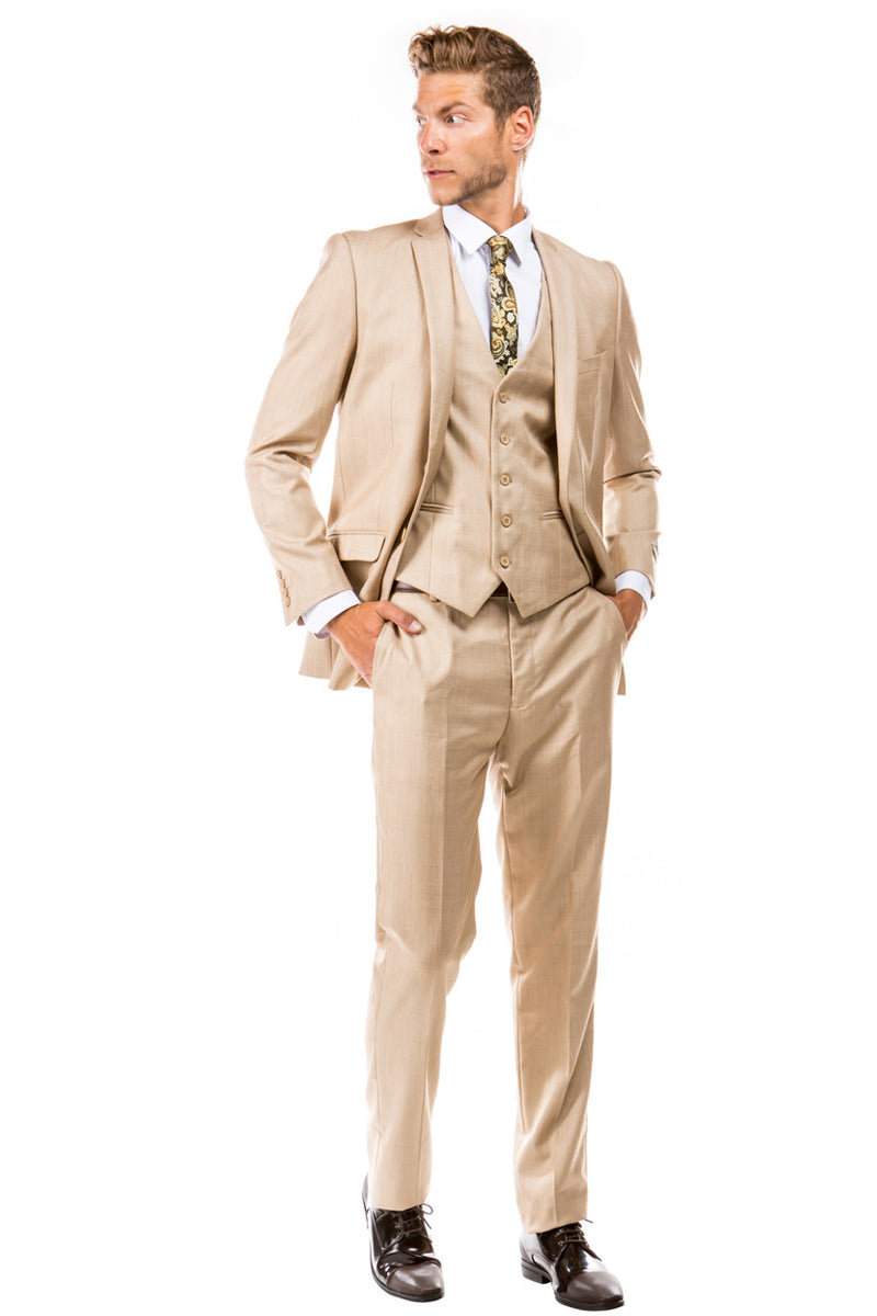 Men’s Two Button Vested Business Sharkskin Suit in Dark Tan