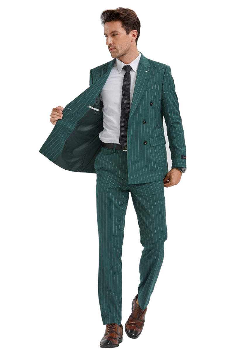 Men’s Slim Fit Double Breasted Bold Gangster Pinstripe Suit in Hunter Green