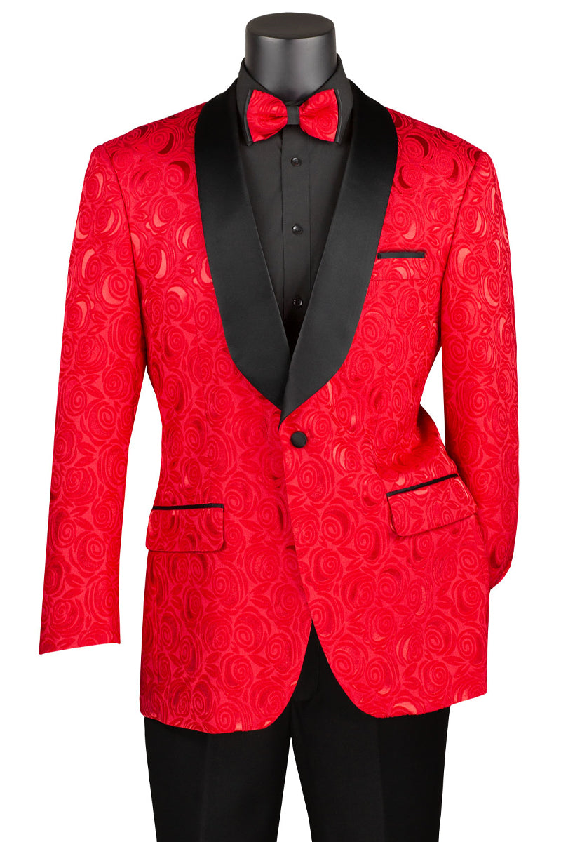 Men’s Regular Fit Square Shawl Prom & Wedding Tuxedo Jacket in Red Paisley Rose Print