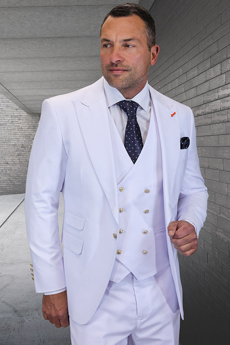 Men’s Designer Wool Vested One Button Peak Lapel Suit in White with Gold Buttons