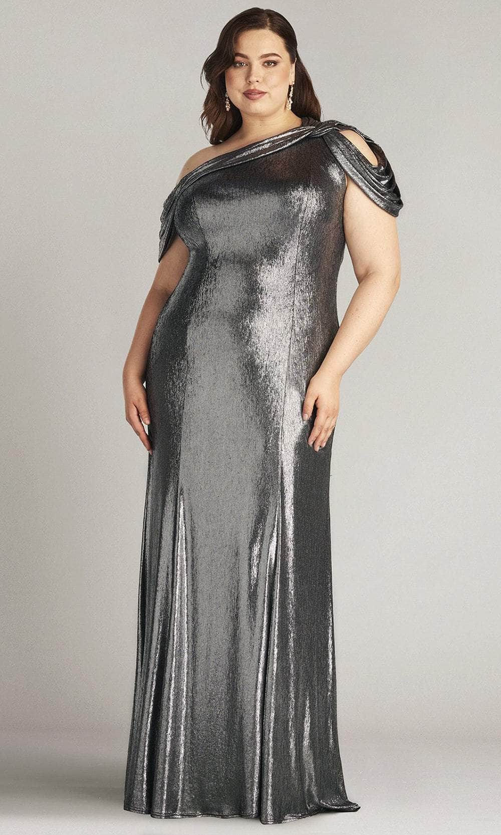 Metallic Jersey Drape Shoulder Evening Gown