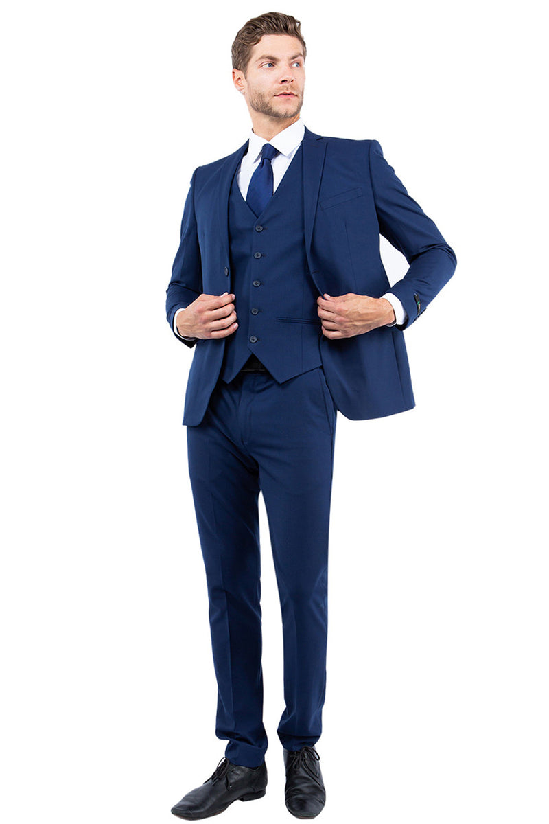 Men’s One Button Vested Slim Fit Business & Wedding Suit in Navy Blue