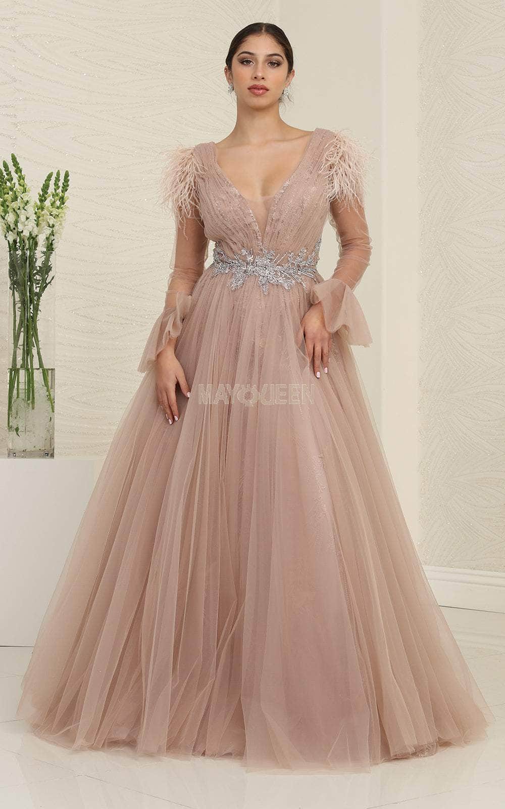 Feathered Tulle Evening Dress