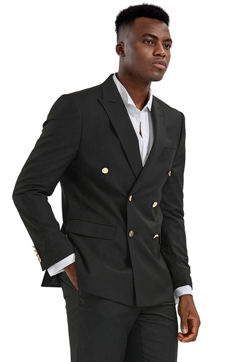Men’s Slim Fit Double Breasted Wedding Suit with Gold Buttons in Black