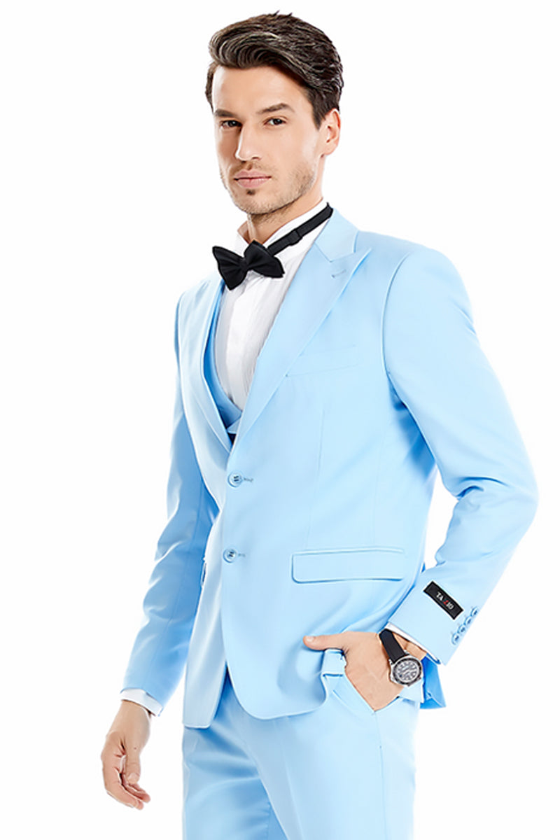 Men’s Two Button Vested Peak Lapel Pastel Wedding & Prom Suit in Sky Blue