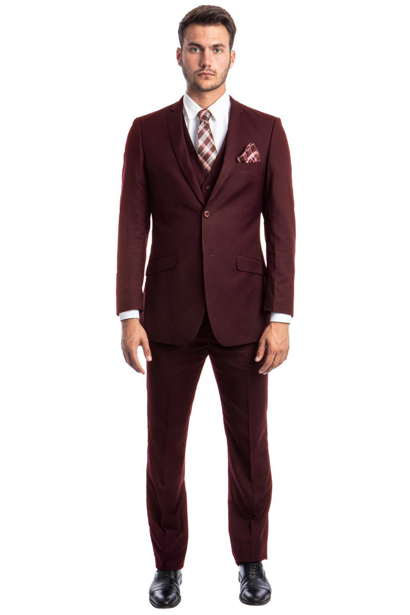 Men’s Two Button Slim Fit Basic Vested Wedding Suit in Burgundy