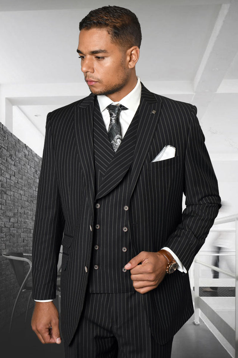 Men’s Designer Wool Pleated Pant Vested Suit in Bold Black Gangster Pinstripe