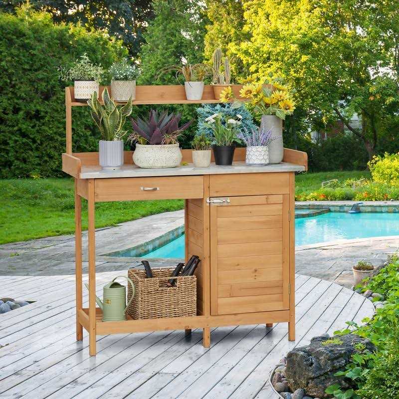 Topeakmart Outdoor Potting Bench Table Work Station Garden Planting with Cabinet & Drawer & Top Shelf & Lower Shelf