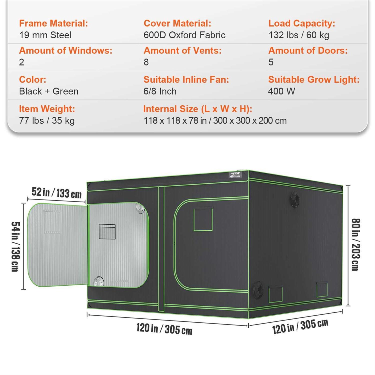 VEVOR Grow Tent High Reflective 2000D Mylar Hydroponic Growing Tent with Observation Window, Tool Bag and Floor Tray