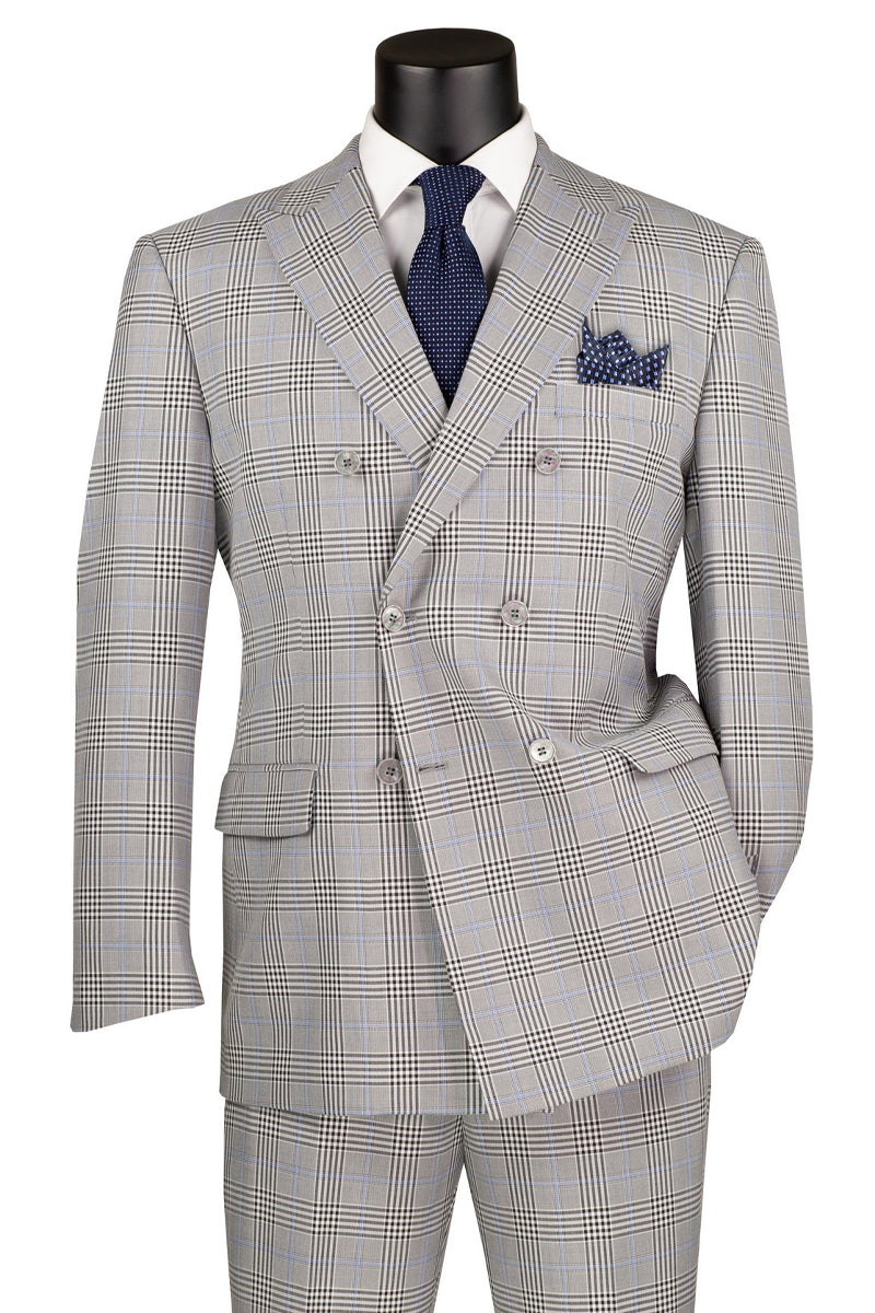 Men’s Double Breasted Windowpane Plaid Suit in Grey