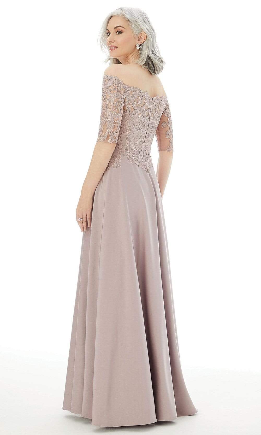 72220 Off Shoulder Embroidered Lace Crepe Gown