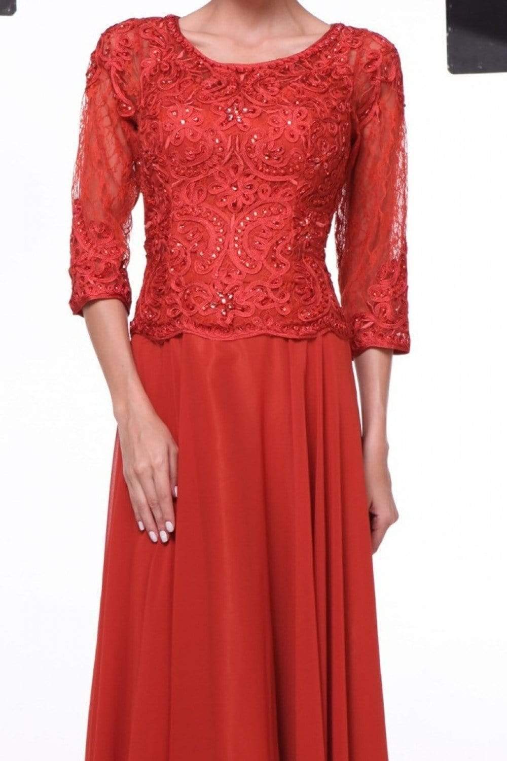 14327 Quarter Sleeve Soutache Bodice A-Line Long Formal Dress