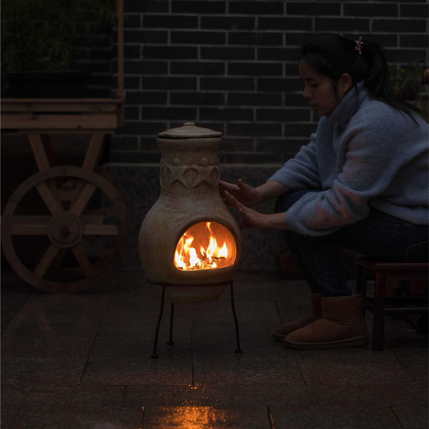 Beige Outdoor Clay Chiminea Outdoor Fireplace Maya Design Charcoal Burning Fire Pit with Sturdy Metal Stand Vintiquewise