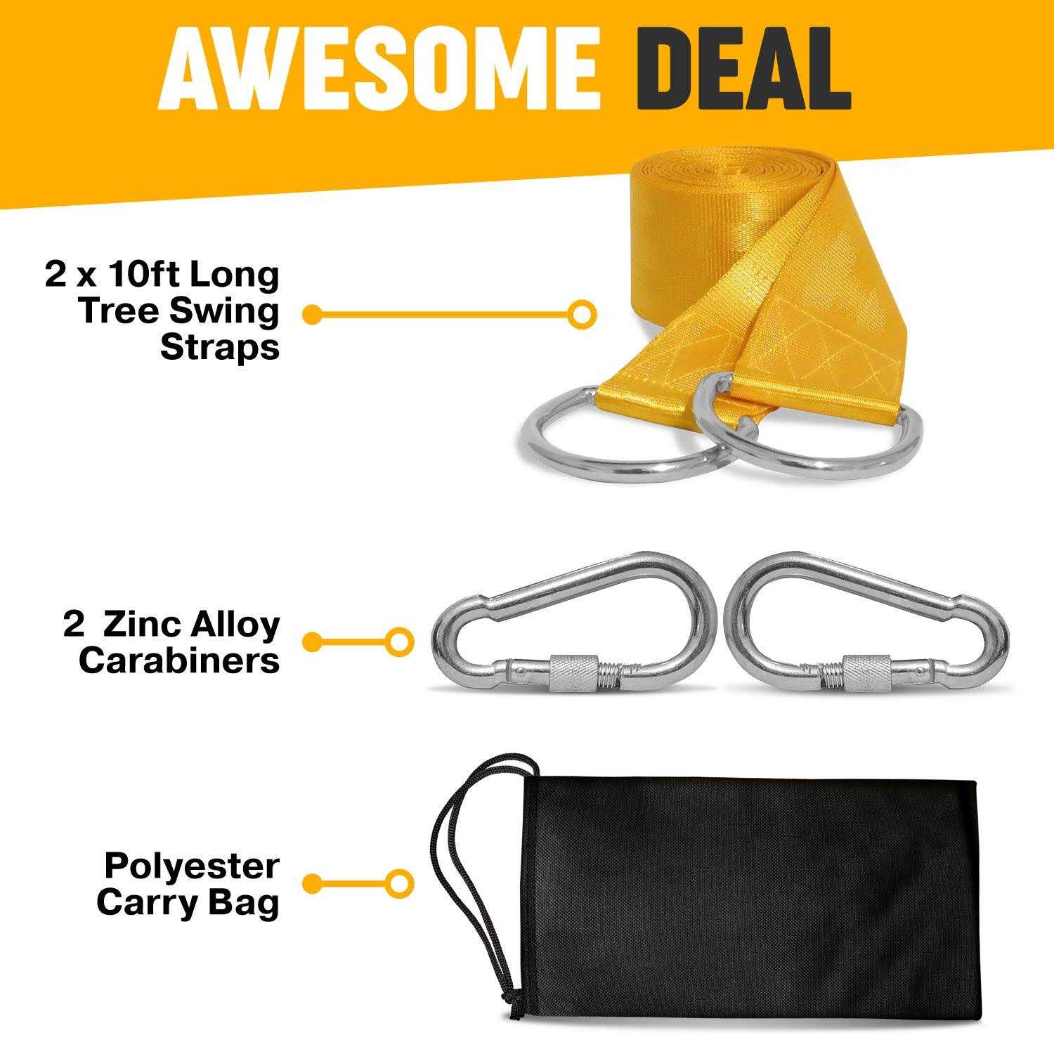 Benicci Safe Tree Swing Hanging Kit 10ft Long Straps with Two Alloy Carabiners and 2000 Lb Breaking Strength