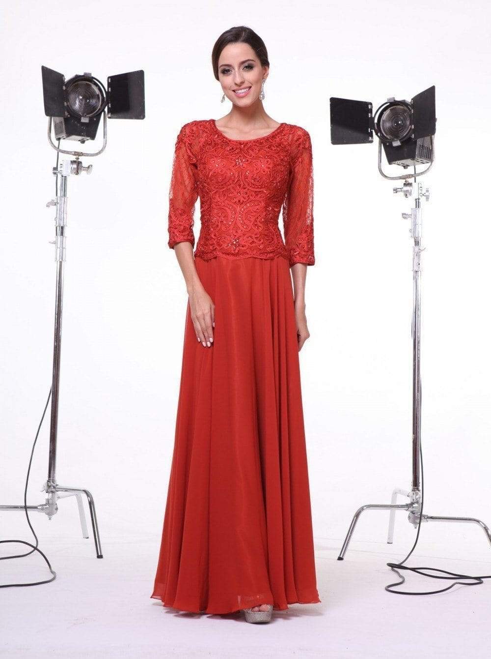 14327 Quarter Sleeve Soutache Bodice A-Line Long Formal Dress