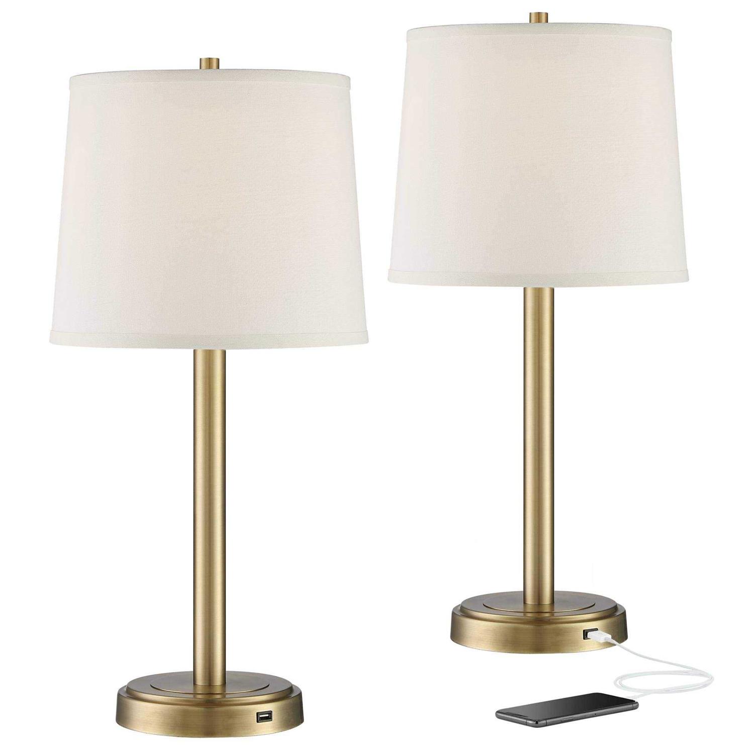 360 Lighting Camile Modern Table Lamps 25 High Set of 2 Brass Metal with USB Charging Port Oatmeal Drum Shade for Bedroom Living Room Bedside Desk