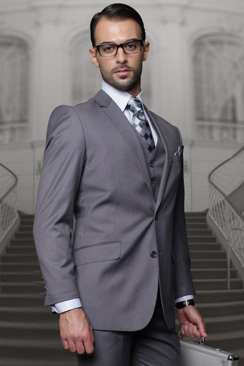 Men’s Designer Classic Fit Pleated Pant Vested Wool Suit in Charcoal Grey