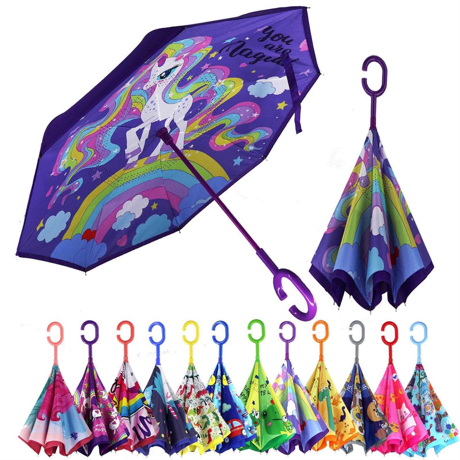MRTLLOA 40 Inch Kids Windproof Inverted Reverse Umbrella with UV Protection, C-Shaped Handle Double Layer Stick Rain Umbrella for Boys and Girls