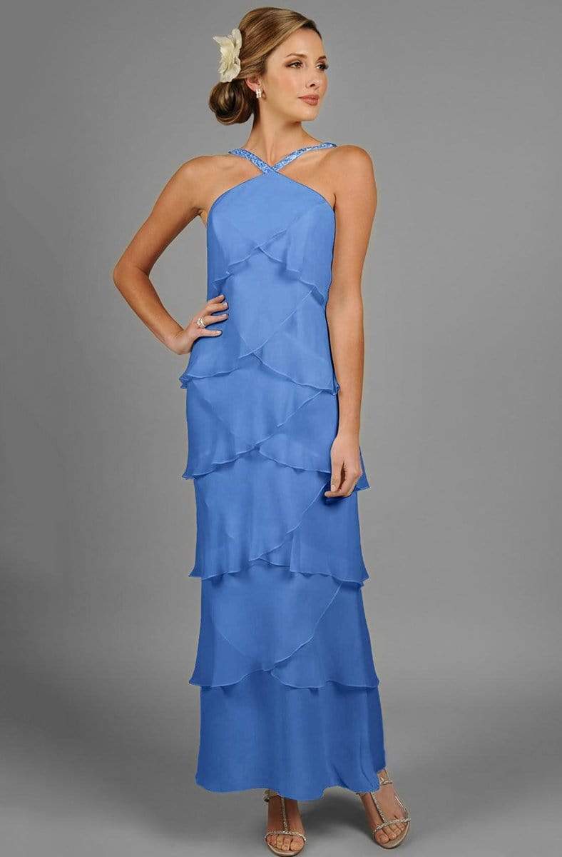 3451 Ornate Strap Halter Layered Sheath Evening Dress