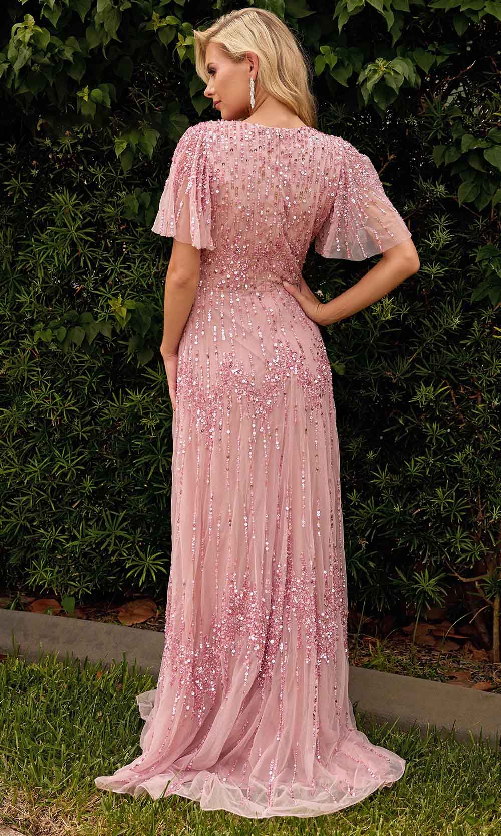 V-Neck Sequin Embellished Evening Gown