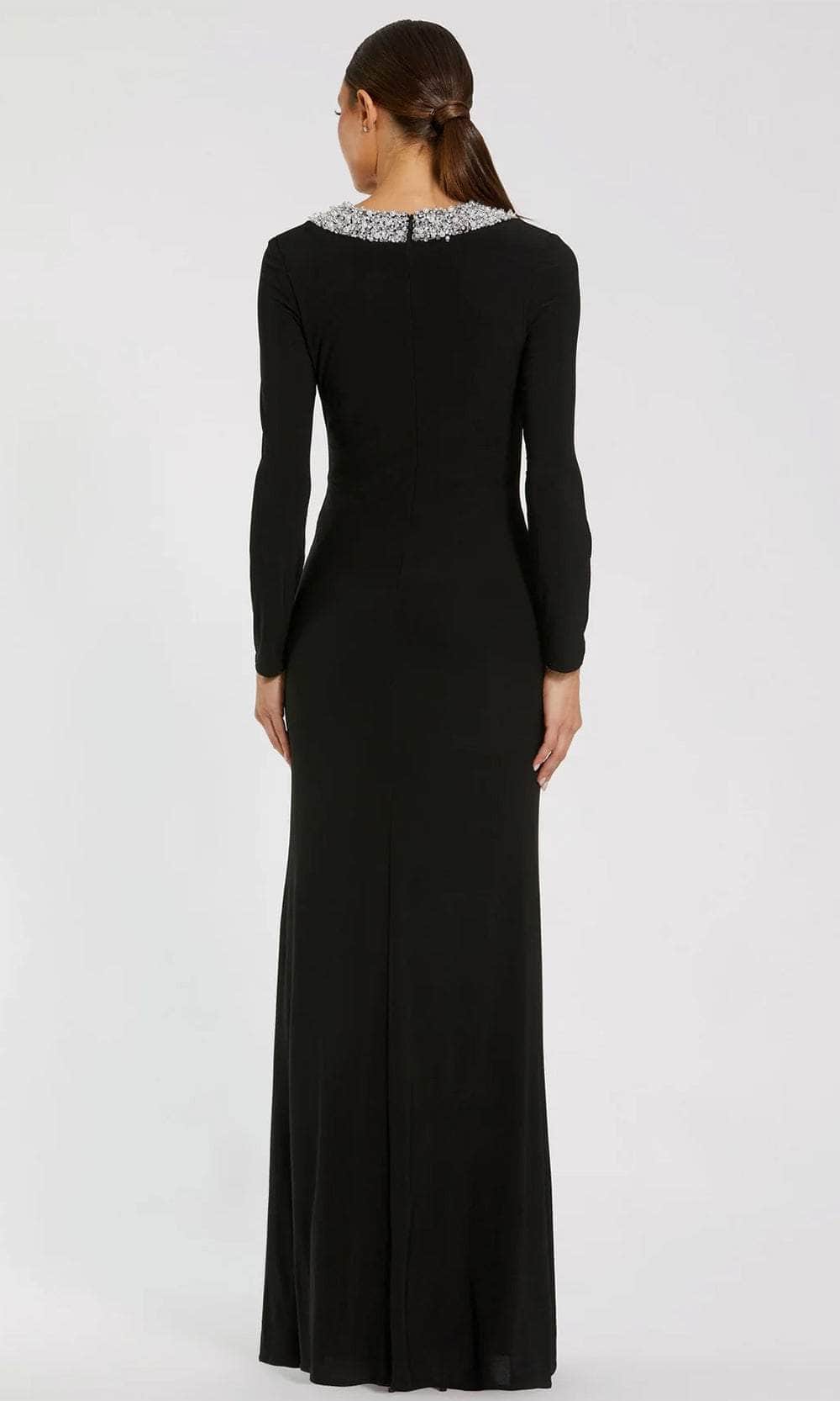 Long Sleeve Beaded Neckline Evening Gown