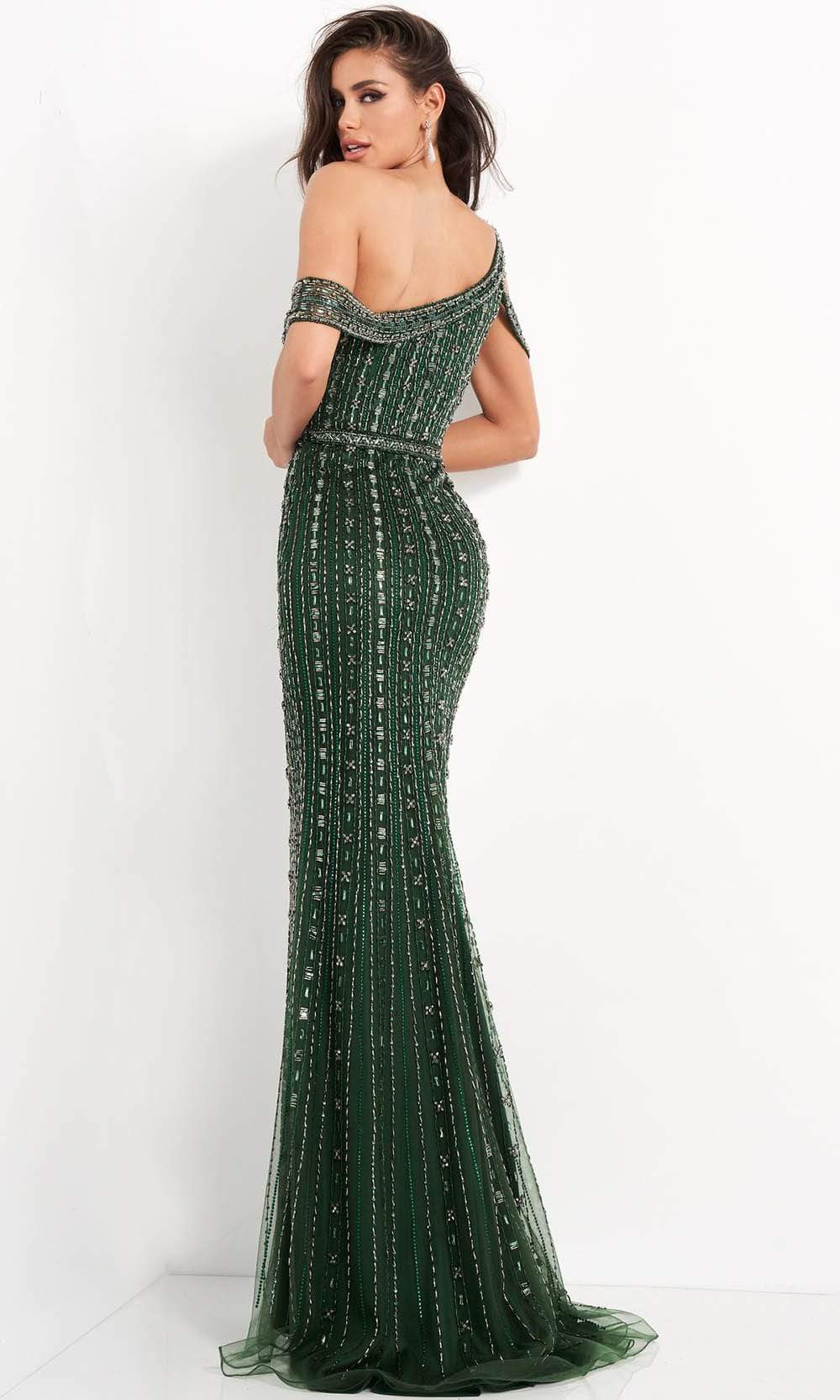 03124 Beaded Cold Shoulder Sheath Gown