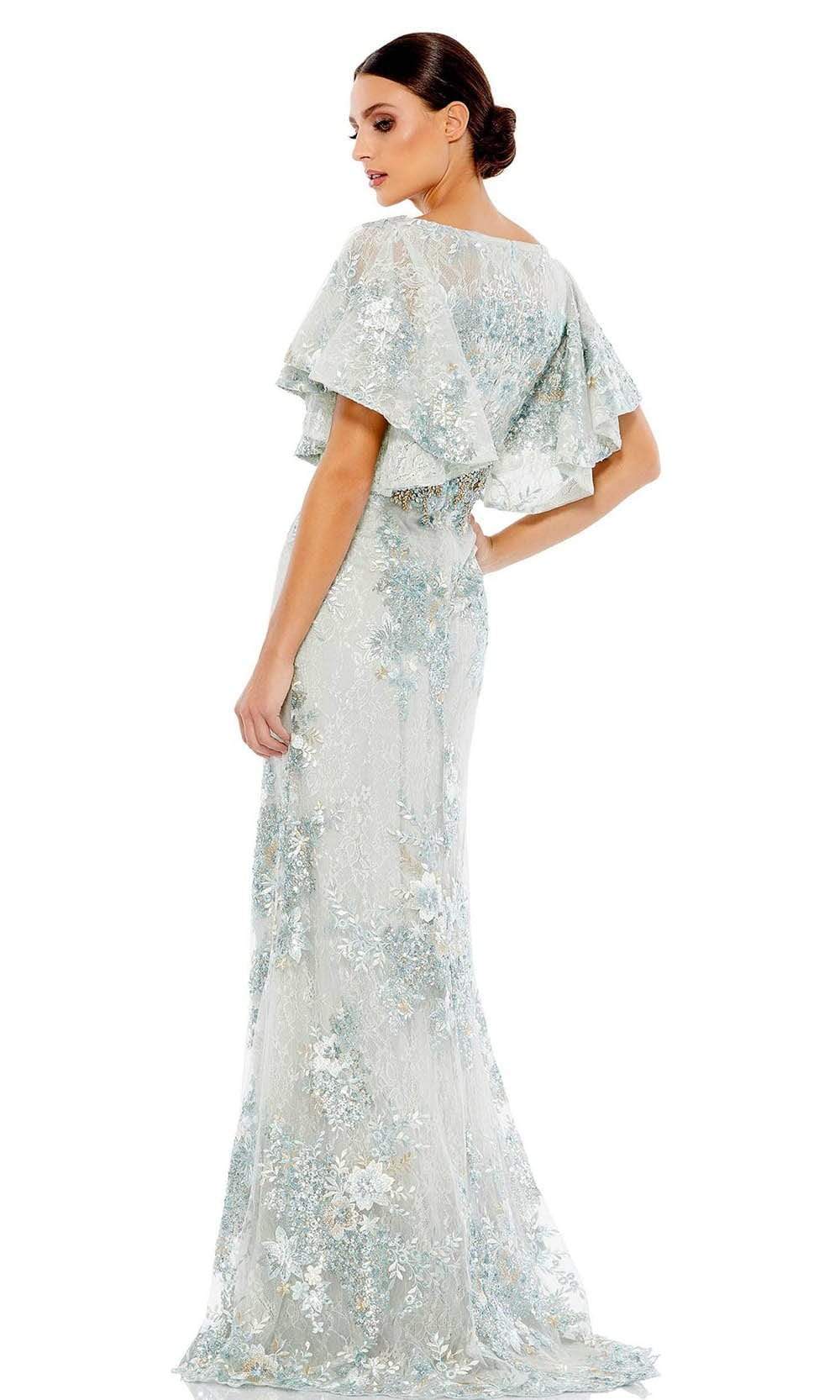 67842D Floral Lace Bell Sleeve Long Dress