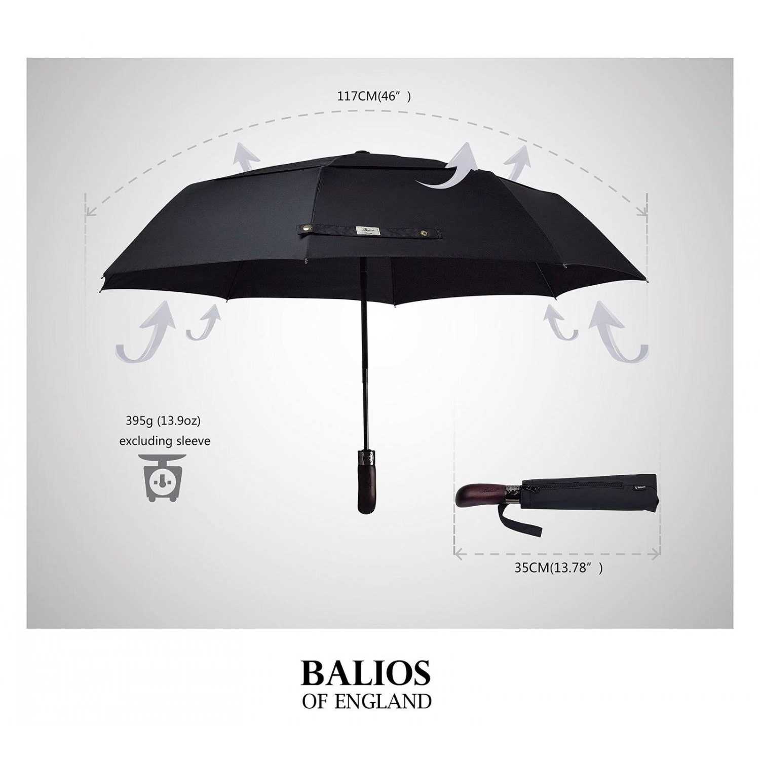 Balios Folding Umbrella Real Wood Handle Auto Open Close Vented Canopy