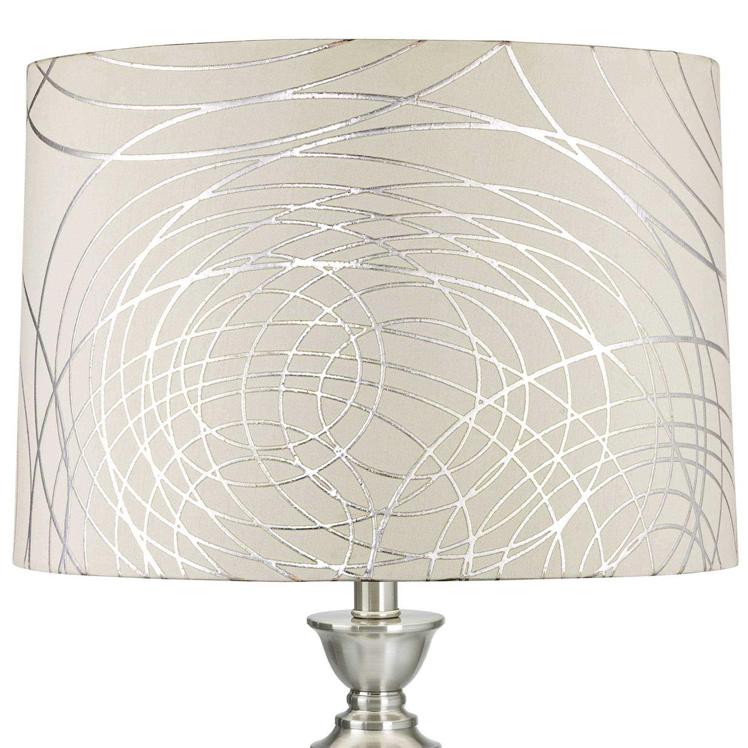 Springcrest Off-White with Silver Circles Medium Drum Lamp Shade 15 Top x 16 Bottom x 11 High Replacement with Harp and Finial