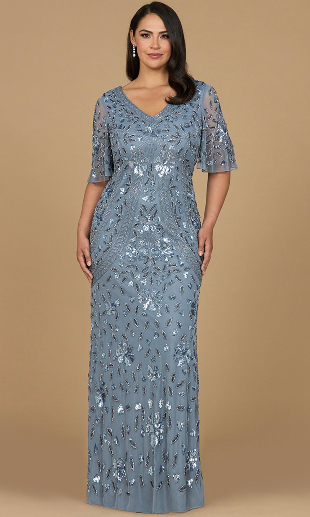 Short Sleeve Beaded Sequin Evening Dress