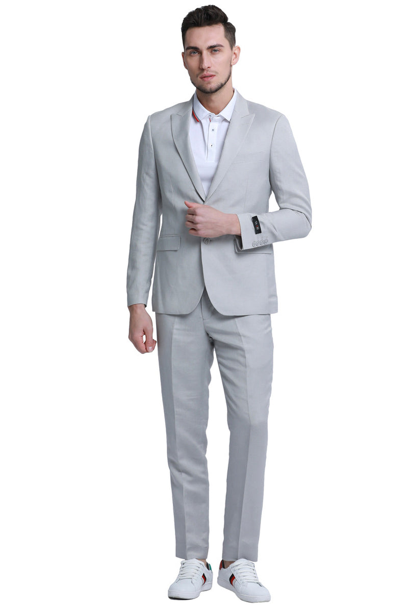 Men’s Two Button Peak Lapel Summer Linen Style Beach Wedding Suit in Light Grey