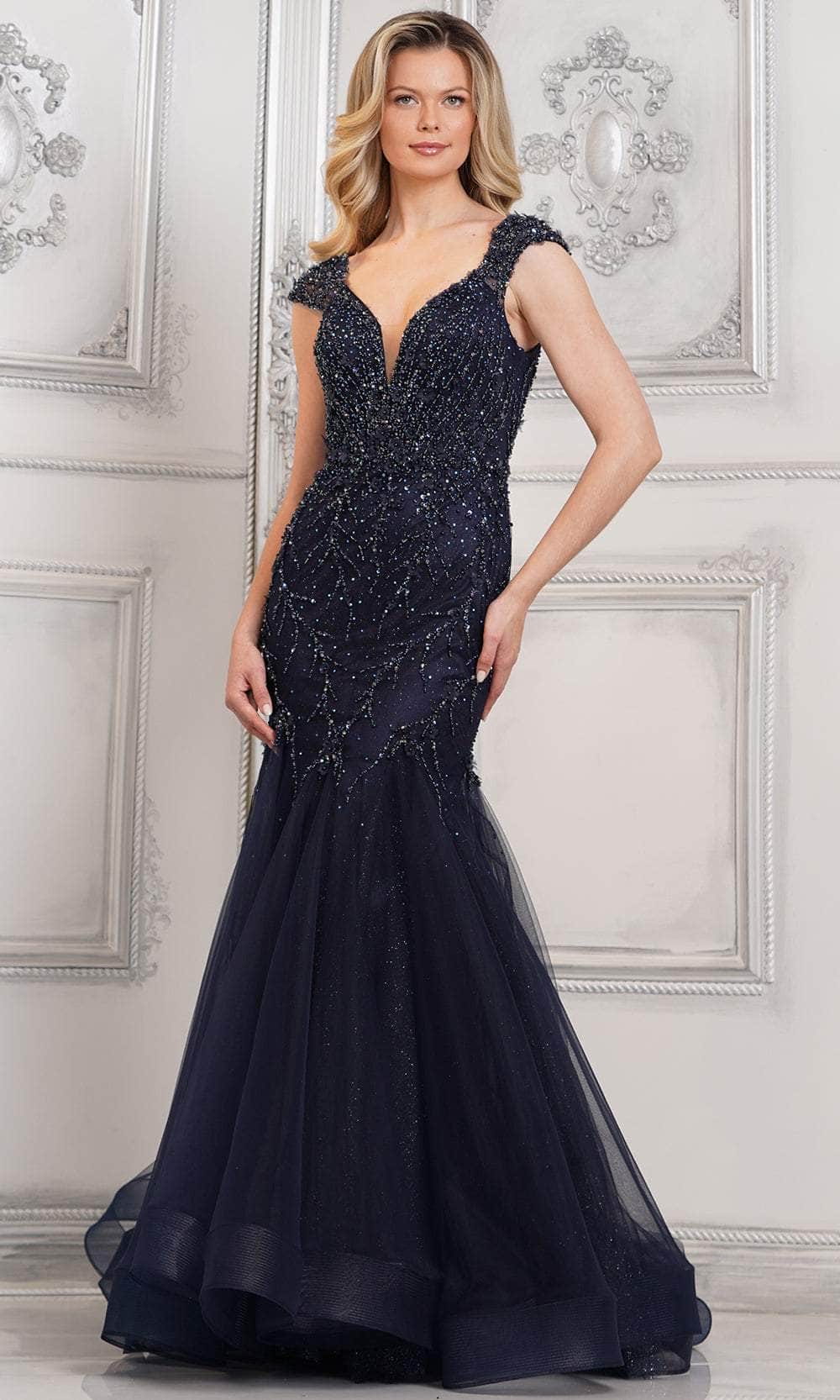 Sheer Cap Sleeve Beaded Formal Gown
