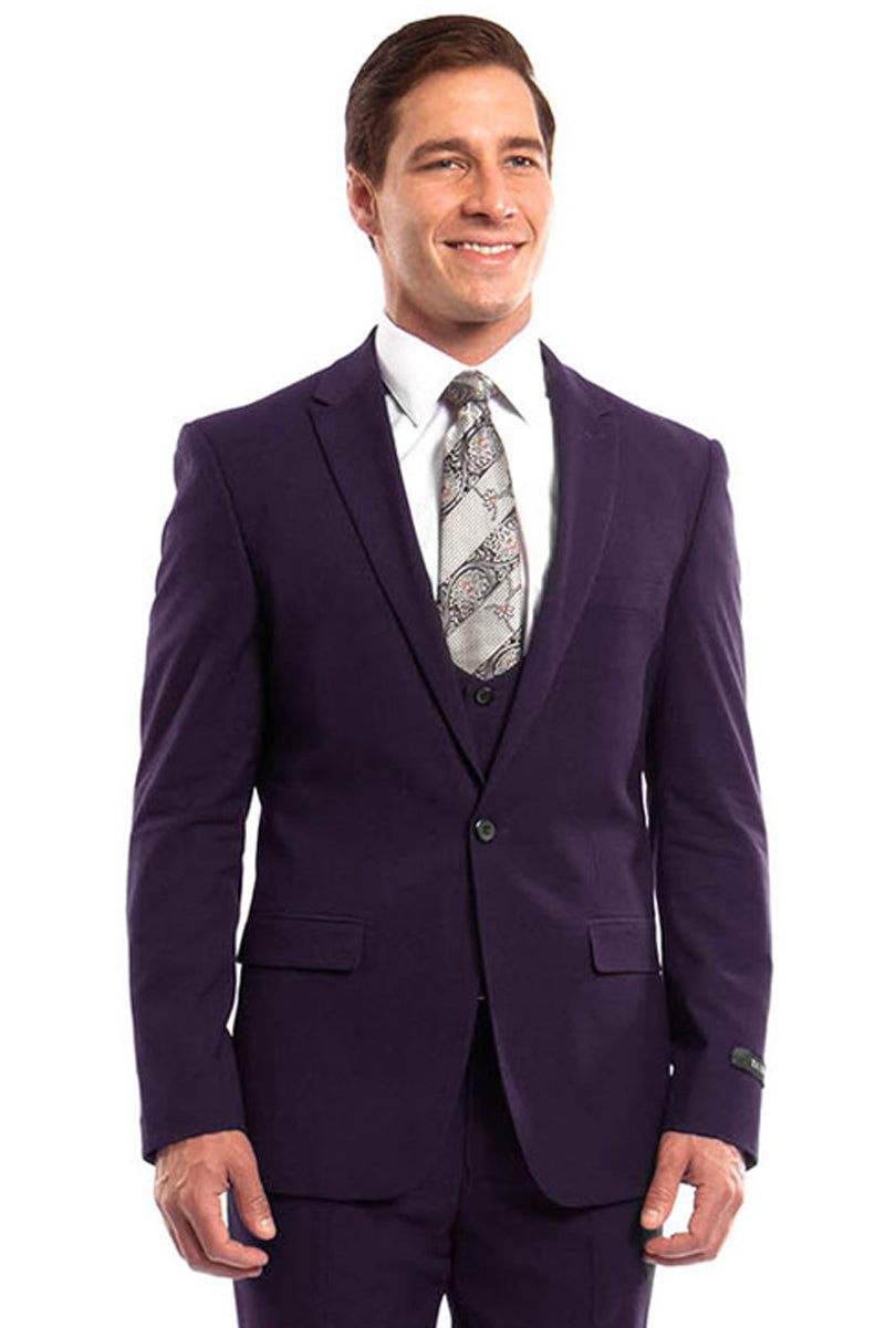 Men’s One Button Peak Lapel Skinny Wedding & Prom Suit with Lowcut Vest in Eggplant