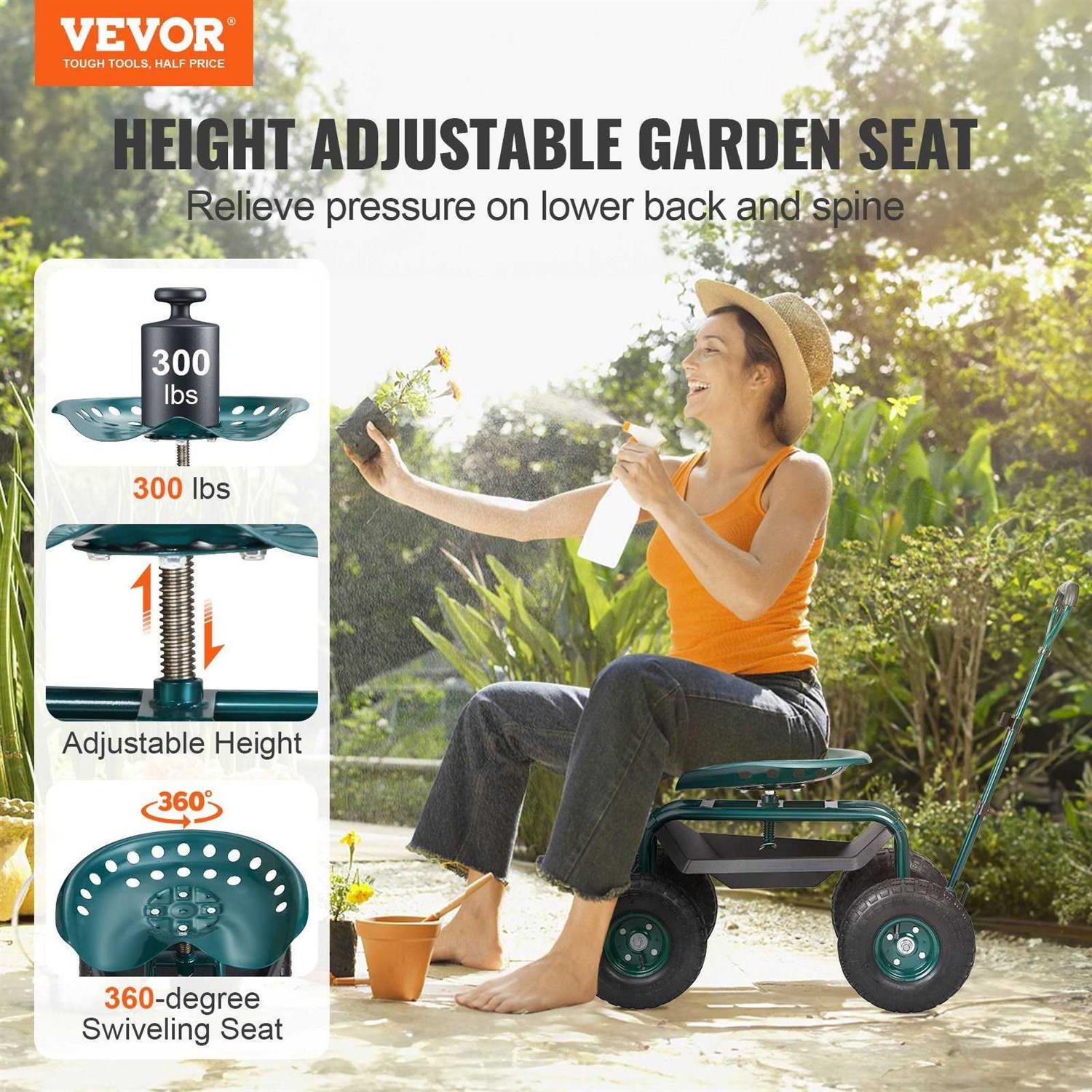 VEVOR Garden Rolling Wheels Gardening Stool for Planting