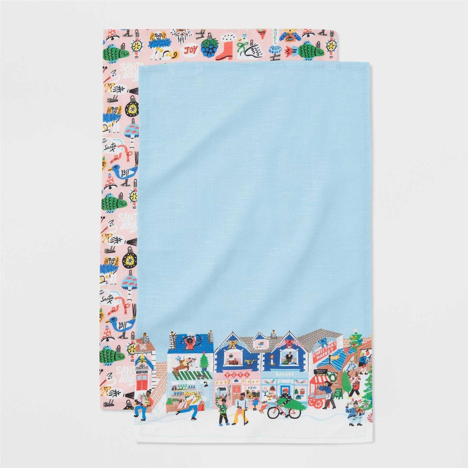 Wondershop 2pc Lucy Kirk Design Slub Christmas Kitchen Towel Pink/Blue