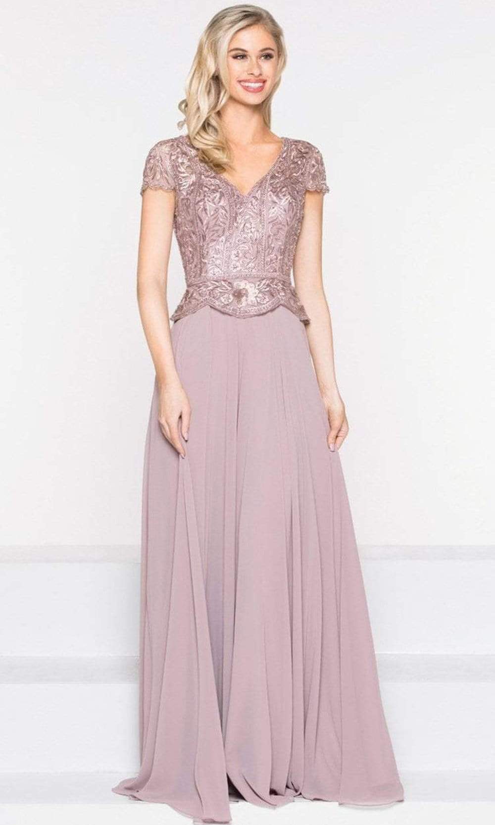 M243 Short Sleeve Embroidered Peplum Chiffon Gown