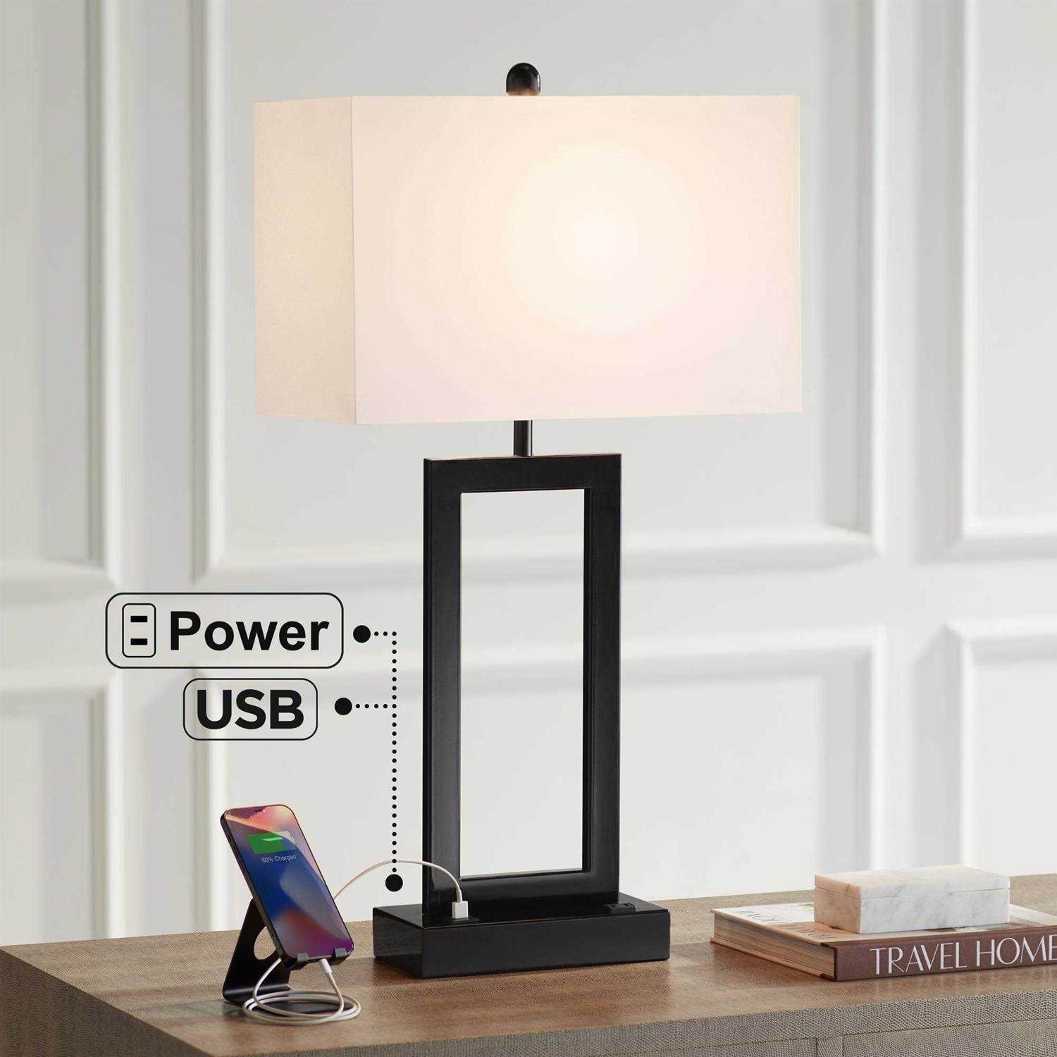 360 Lighting Modern Table Lamp with USB and AC Power Outlet 30 Tall Black Metal White Rectangle Shade for Living Room Bedroom House