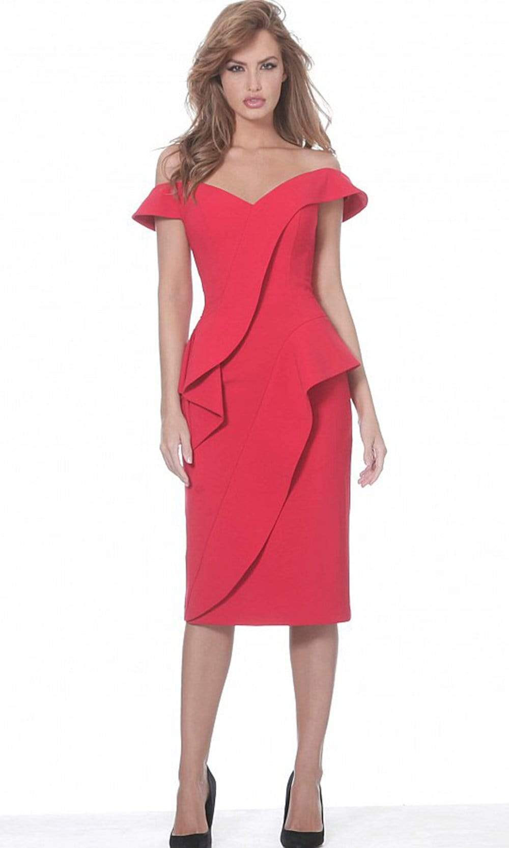 04426 Off Shoulder Asymmetric Ruffle Accent Cocktail Dress
