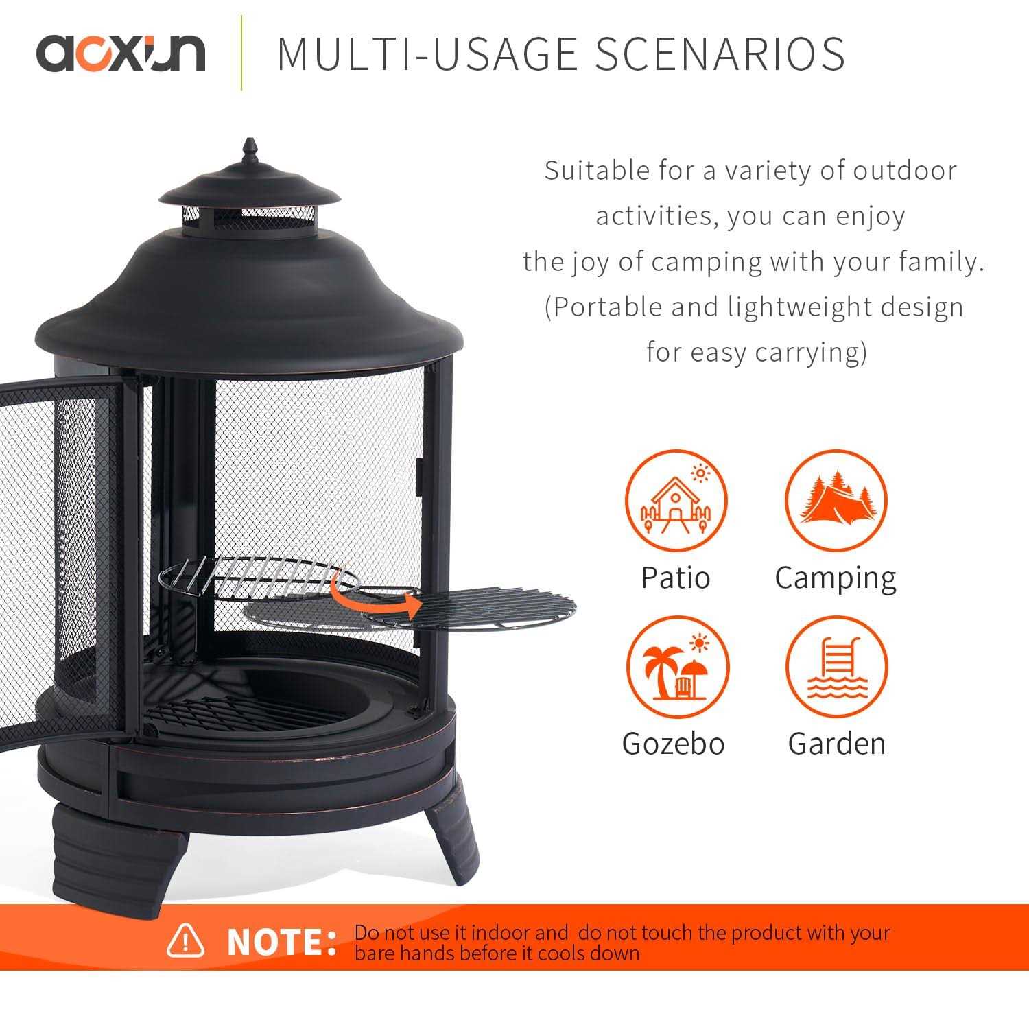 Aoxun Chiminea Fire Pit with Grill for Outdoor, 2 in 1 Fire Pit with Removable Grate, and Mesh Spark Screen Doors