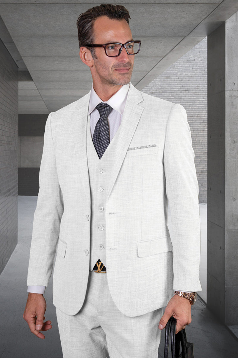 Men’s Designer Modern Fit Vested Wool Sharkskin Suit in White
