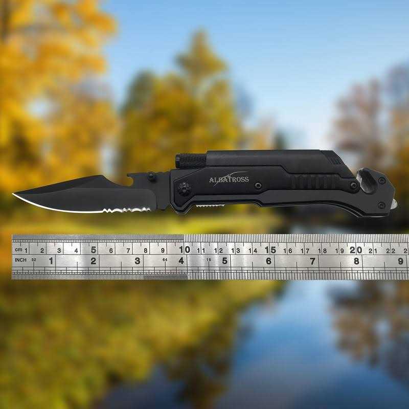 ALBATROSS 7 in 1 Dispatcher Tactical Knife with Glass Breaker, Seatbelt Cutter,Steel Serrated Blade,Flashlight,Fire Starter,Bottle Opener and Carrying Bag