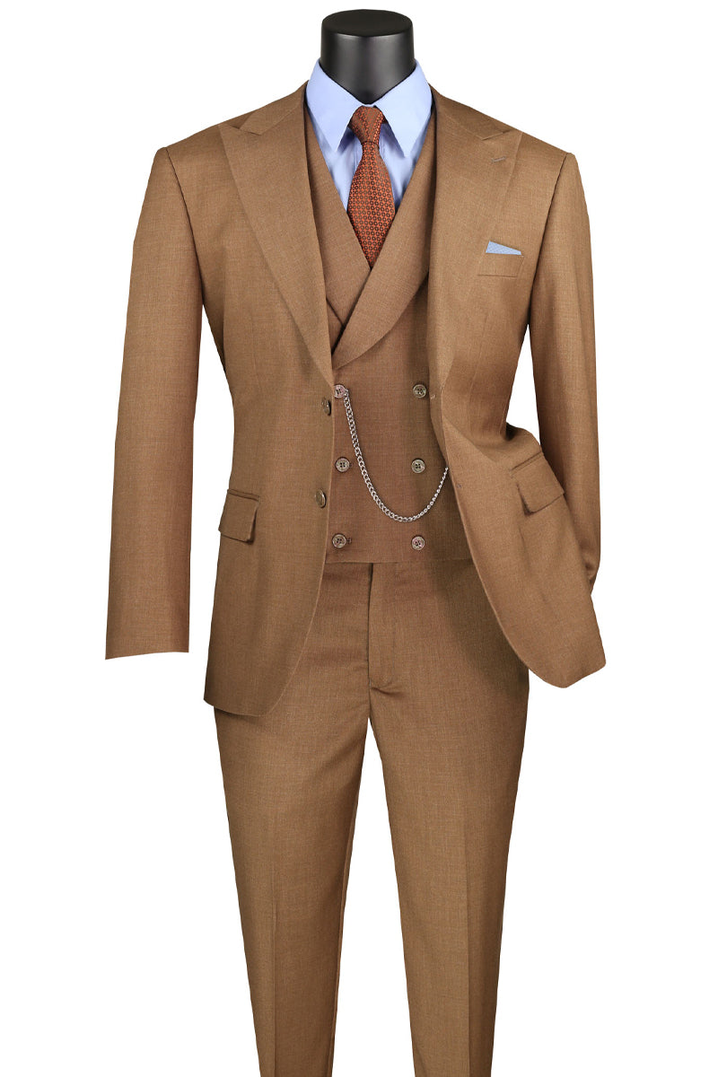 Men’s Summer Sharkskin Suit with Double Breasted Vest in Light Brown