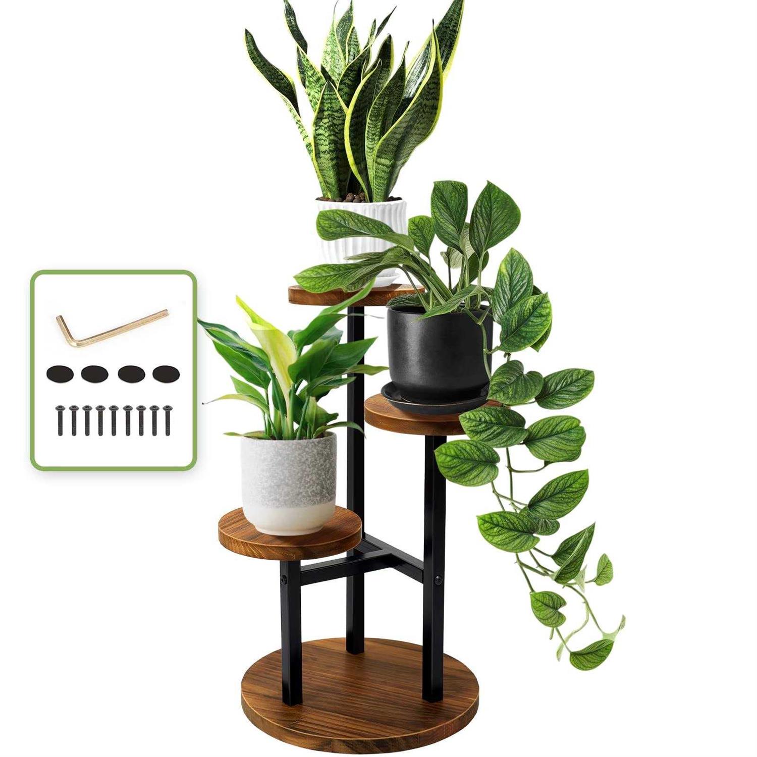 AUGOSTA 3 Tier Plant Stand Tall Metal Wood Shelf Holder for Indoor