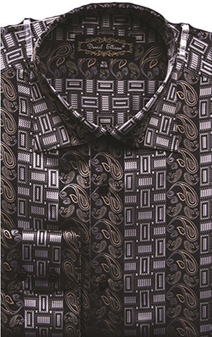 Men’s Regular Fit Fancy Tonal Paisley Pattern Sports Shirt in Black