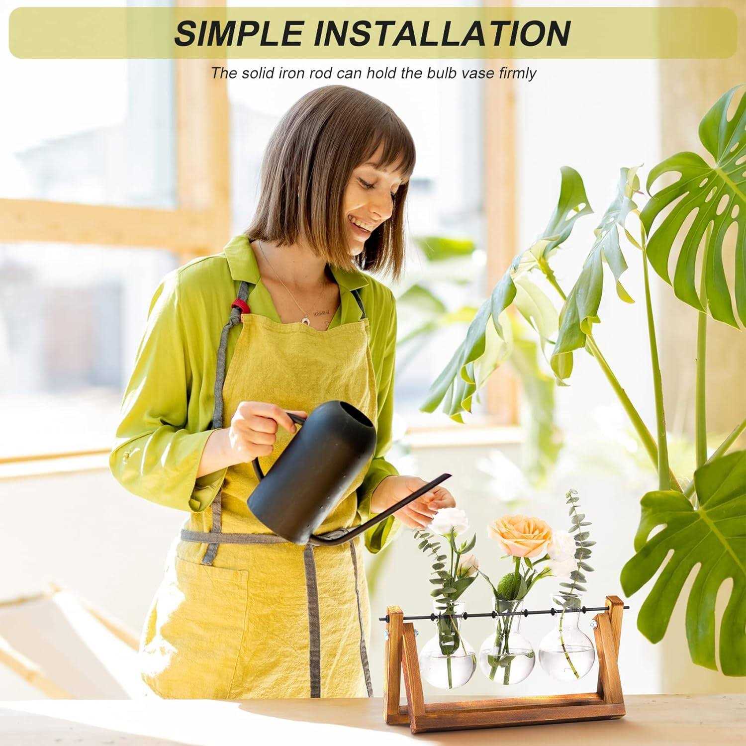 Xxxflower Plant Terrarium with Wooden Stand Air Planter Bulb Glass Vase Metal Swivel Holder Retro Tabletop for Hydroponics Home Garden Office