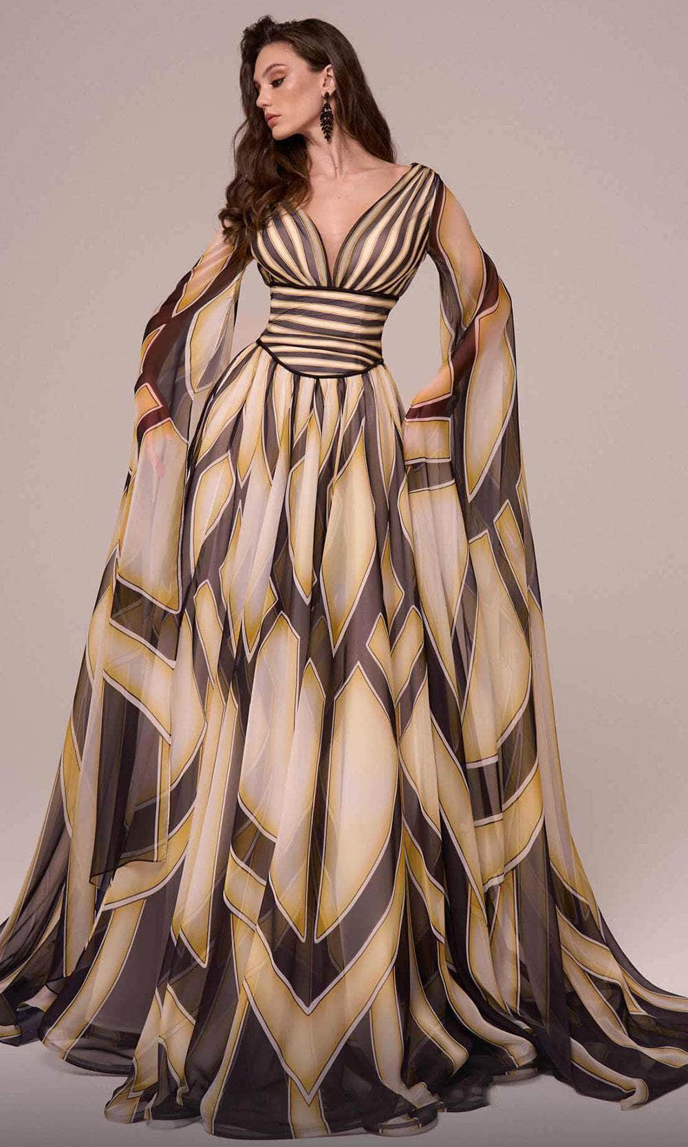 Printed Long Cape Sleeve Evening Gown