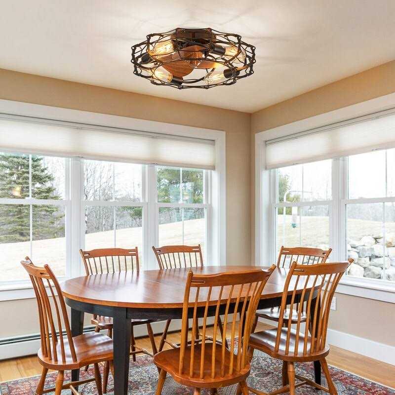 20 in. Flush Mount Ceiling Fan Light with Remote Cage Farmhouse Fandelier Black Wood Low Profile Ceiling Fan