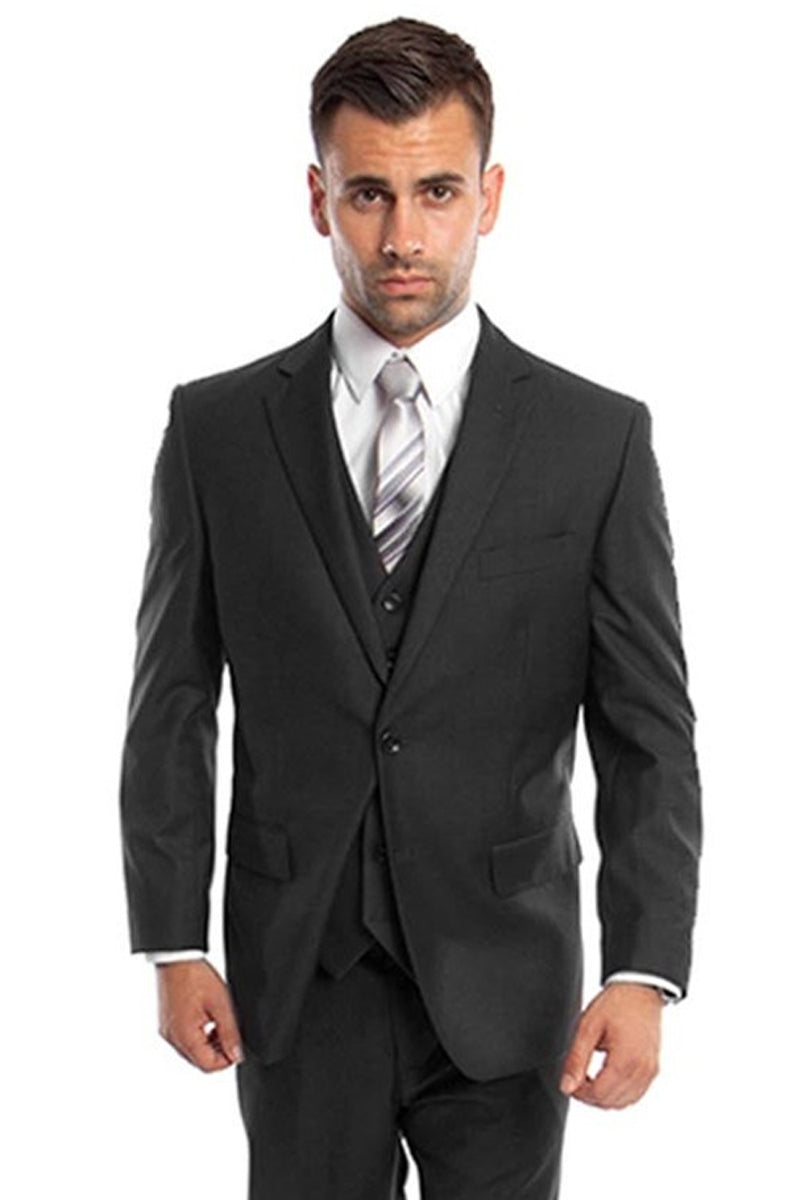 Men’s Vested Two Button Solid Color Wedding & Business Suit in Black